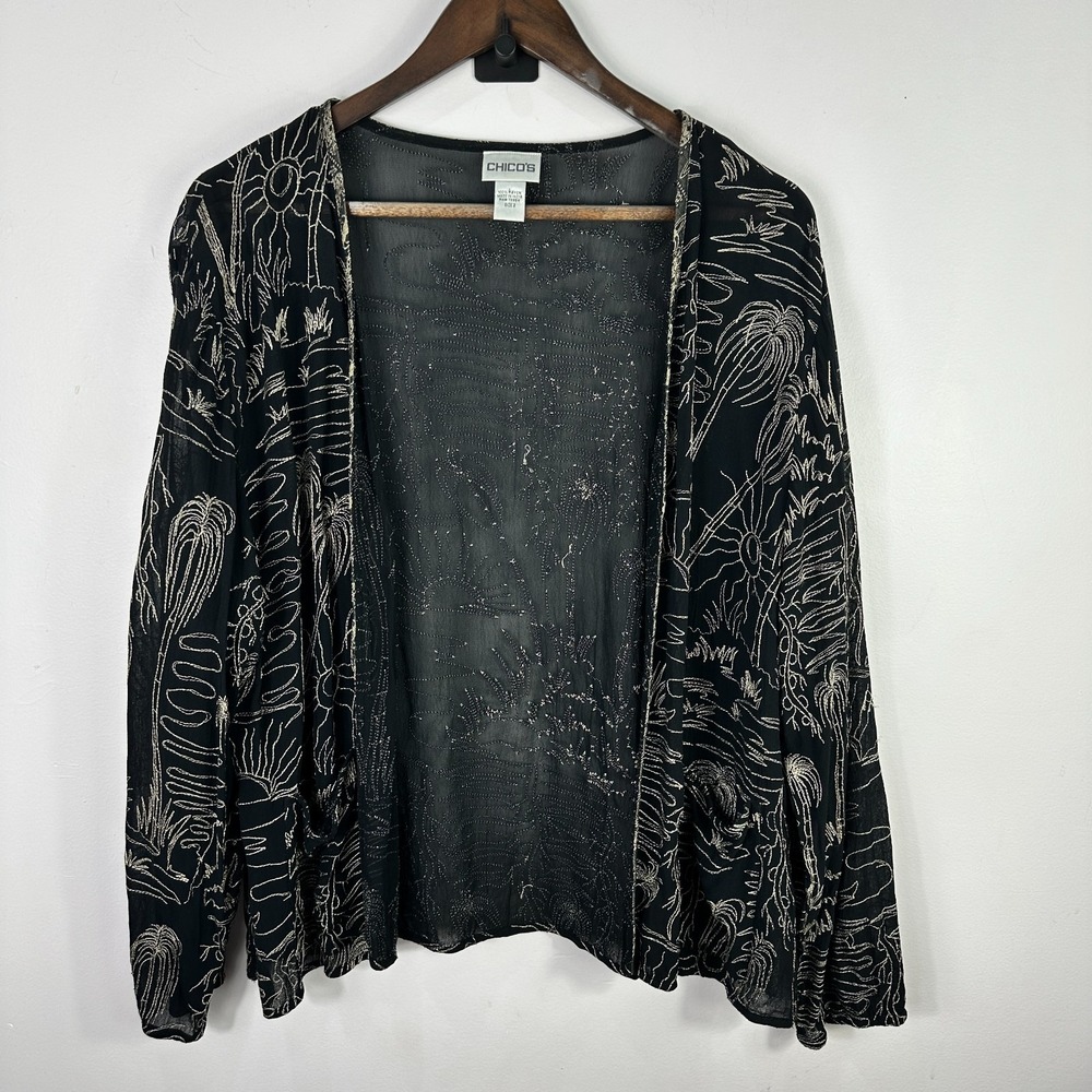 Chico's Open Front Caridgan Womens 2 Large‎ Black Embroidered Whimsigoth Indie